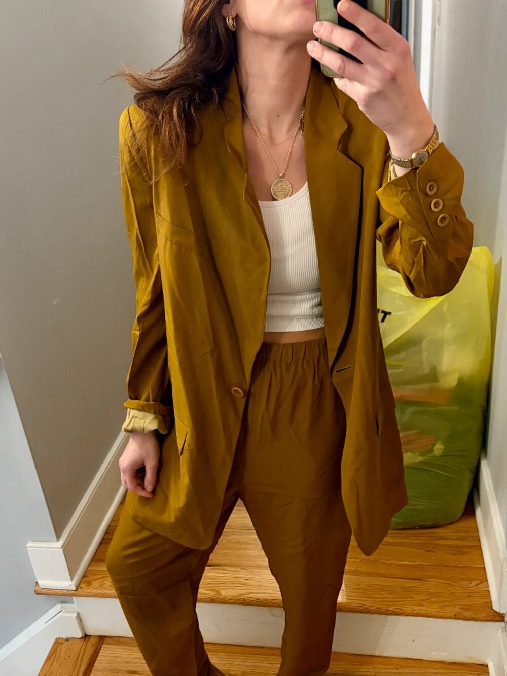 Vintage Anne Klein 100% Silk Pantsuit Set Size Small Gold Mustard 90s Minimalist
